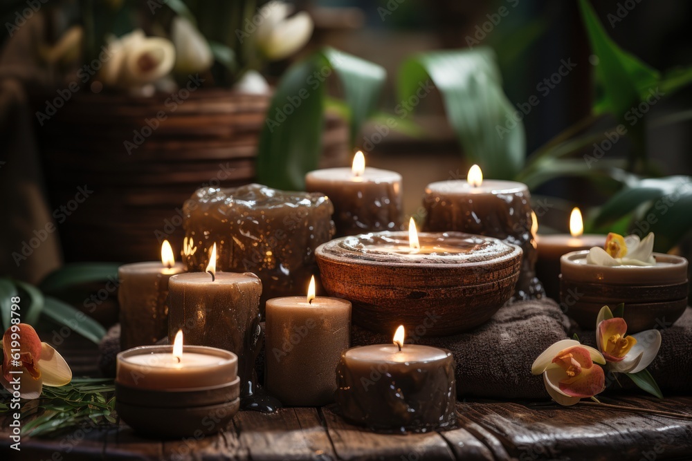 Brown towels with bamboo sticks and candles for spa massages and body treatments. Decorated with candles, spa stones, and salt on a wooden floor. The spa and wellness center is ready for beauty. Brown towels with bamboo sticks and candles for spa massages and body treatments. Decorated with candles, spa stones, and salt on a wooden floor. The spa and wellness center is ready for beauty.