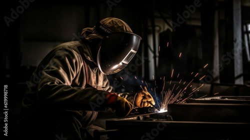 A welder welds metal into his workshop. Gas combustion and blue smoke. Small welding workshop. Welding juncture of metal construction
