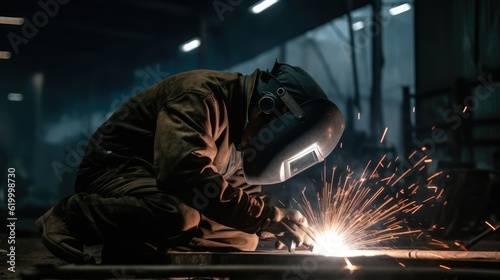 A welder welds metal into his workshop. Gas combustion and blue smoke. Small welding workshop. Welding juncture of metal construction