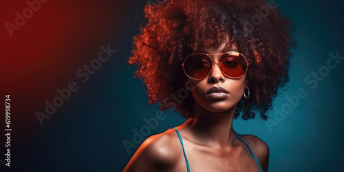 Attractive lovely young African American woman in sunglasess on dark background. Generative AI