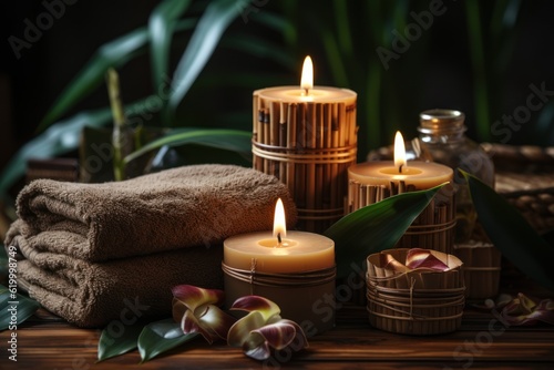 Brown towels with bamboo sticks and candles for spa massages and body treatments. Decorated with candles, spa stones, and salt on a wooden floor. The spa and wellness center is ready for beauty.