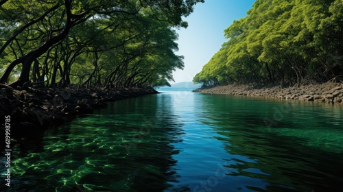 Green mangrove forest on the beach of Abrasion