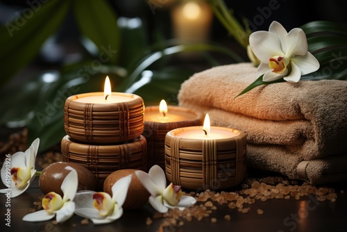 Brown towels with bamboo sticks and candles for spa massages and body treatments. Decorated with candles  spa stones  and salt on a wooden floor. The spa and wellness center is ready for beauty.