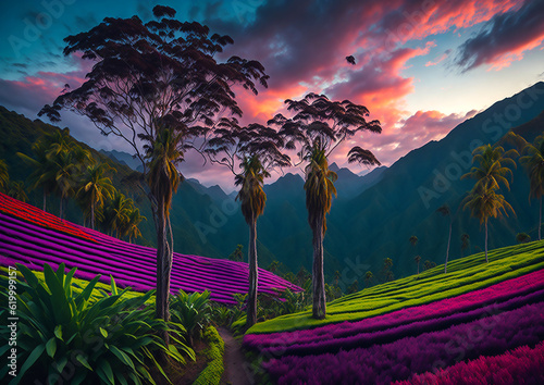 A surreal, dreamlike scene of the Cocora Valley in Colombia, with its vibrant colors and surreal lighting.