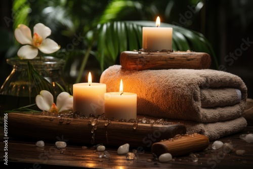Brown towels with bamboo sticks and candles for spa massages and body treatments. Decorated with candles, spa stones, and salt on a wooden floor. The spa and wellness center is ready for beauty. © sirisakboakaew