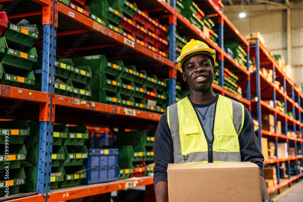 Fototapeta premium Portrait of African man industry worker working in factory warehouse.