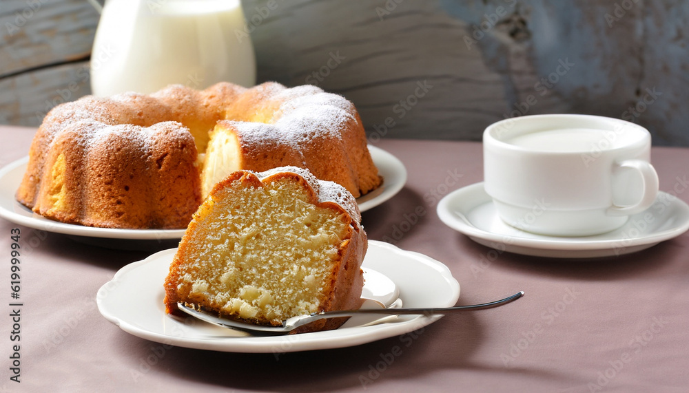 Slice of yogurt bundt cake served with a cup of coffee with milk Slice of yogurt bundt cake served with a cup of coffee with milk