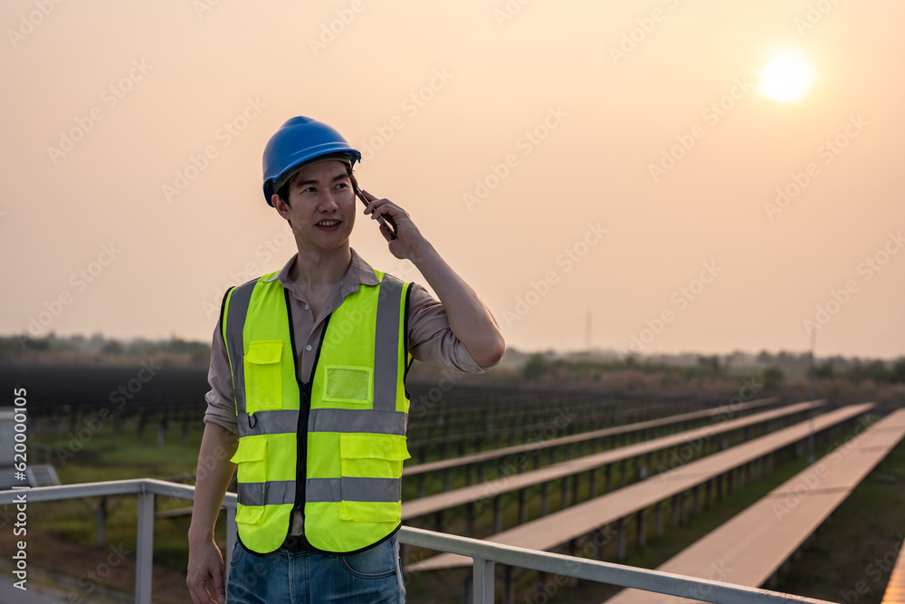 Asian young engineer talking on phone while work at solar cell field. Asian young engineer talking on phone while work at solar cell field.