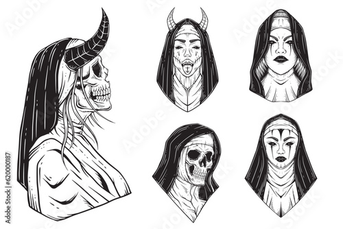 Set Bundle Prayer Girl Nun Tattoo Horror Women Skull Horn Head Horror Hatching Outline Hand Drawn Style illustration