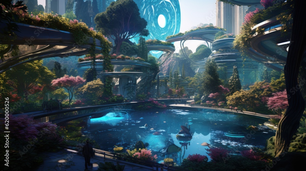 Tranquil park oasis within a sprawling cyberpunk city, featuring augmented reality sculptures, holographic wildlife, and serene gardens Tranquil park oasis within a sprawling cyberpunk city, featuring augmented reality sculptures, holographic wildlife, and serene gardens