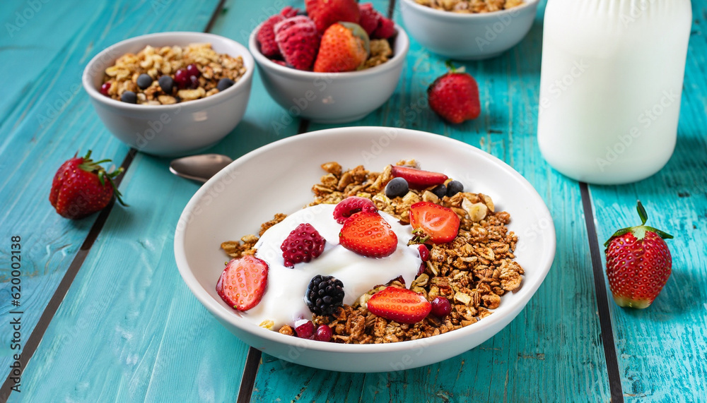Healthy breakfast in a bowl with homemade baked granola, frozen berries, fresh strawberries, a bottle of milk and yogurt on a turquoise wooden table Healthy breakfast in a bowl with homemade baked granola, frozen berries, fresh strawberries, a bottle of milk and yogurt on a turquoise wooden table