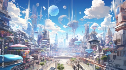 Sky filled with flying cars, drones, and holographic billboards, depicting a bustling and congested future cityscape