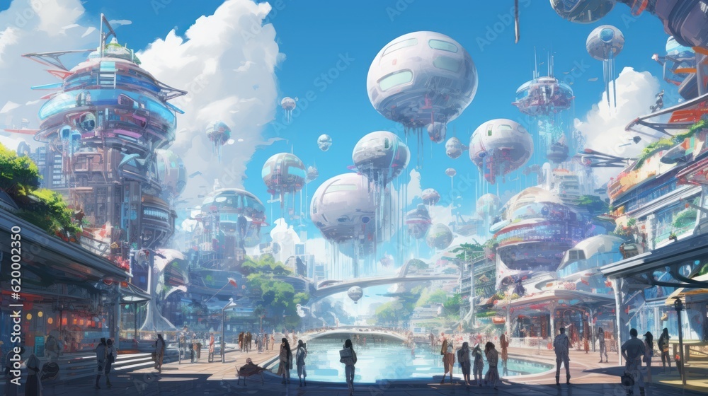 Sky filled with flying cars, drones, and holographic billboards, depicting a bustling and congested future cityscape