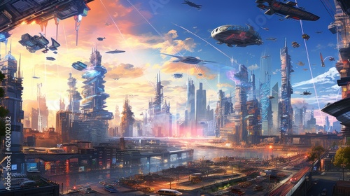 Sky filled with flying cars  drones  and holographic billboards  depicting a bustling and congested future cityscape