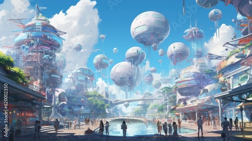 Sky filled with flying cars  drones  and holographic billboards  depicting a bustling and congested future cityscape