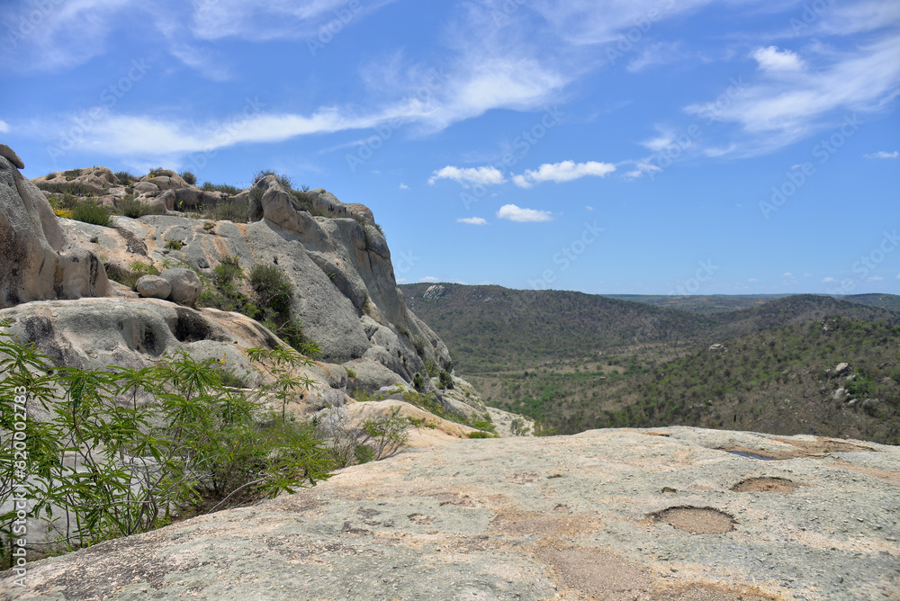Naklejka premium clouds over the mountains,mountain landscape, blue sky and clouds, rocks and blue sky with clouds, Monte das Gameleiras, Brazil, trails in brazil, trails in northeast Brazil, tourism 