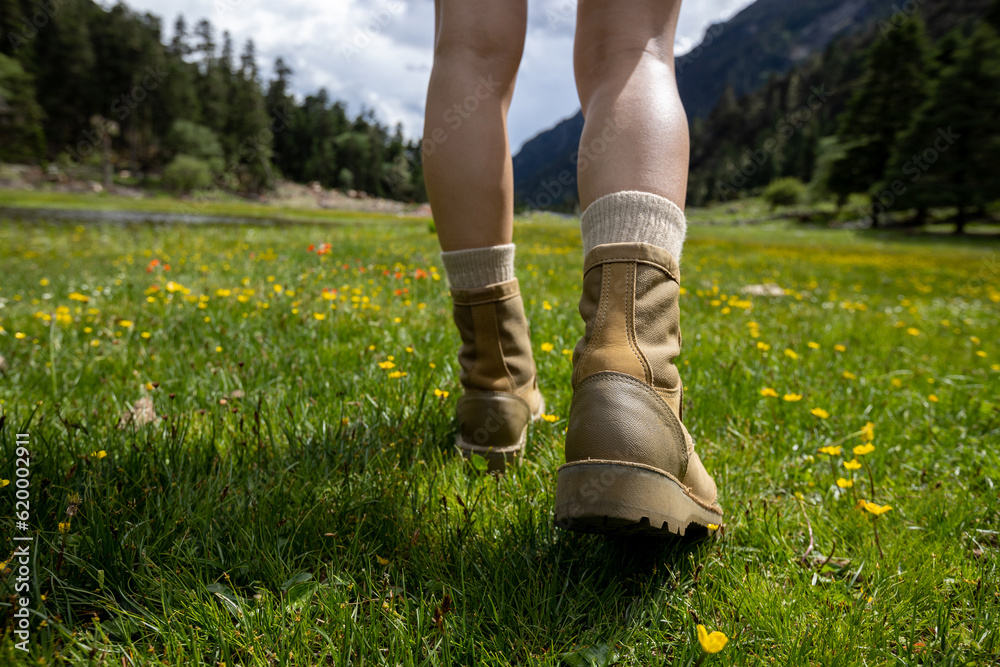 Hiking woman  legs walking in high altitude grassland