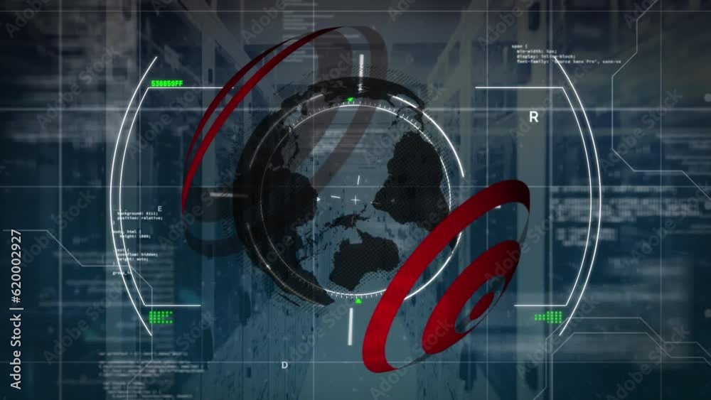 Animation of scope scanning with globe and data processing over computer servers