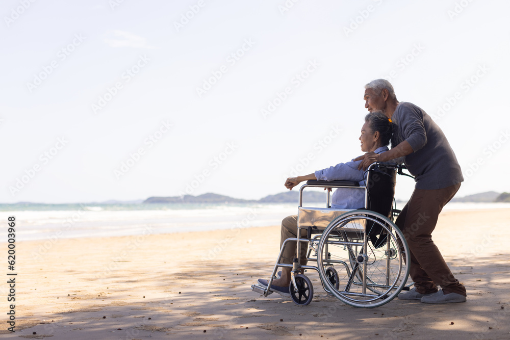 Senior husband pushes a wheelchair his wife by the sea. Retirement concept and health care.