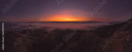 panorama of wonderful sunrise time landscape in mountains.