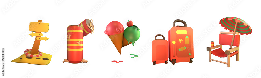 3D icon summer collection rendered isolated on the white background. Signpost, canned drink, ice cream, travel bag, and beach chair object for your design. 3D icon summer collection rendered isolated on the white background. Signpost, canned drink, ice cream, travel bag, and beach chair object for your design.