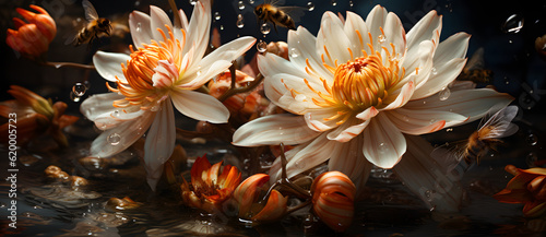 a close up shot of flowers with bees flying around Generated by AI