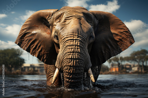 Regal Presence: Majestic Elephant Locking Eyes with the Camera. Generative AI © Anthony Paz