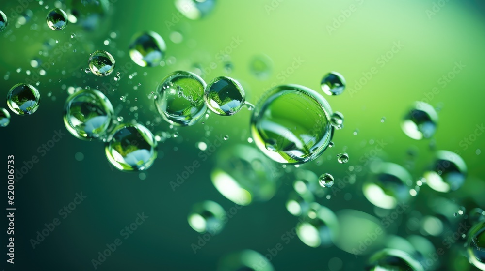 Green background with droplets on the surface. With drops of transparent beauty gel on green background.