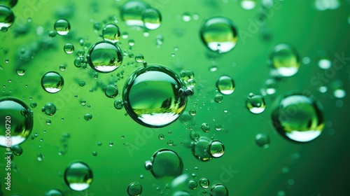 Green background with droplets on the surface. With drops of transparent beauty gel on green background.
