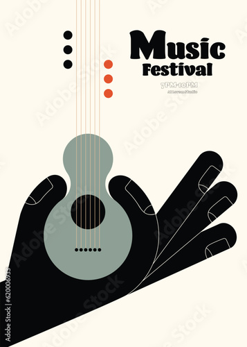 Music poster template design background with acoustic guitar vintage retro style