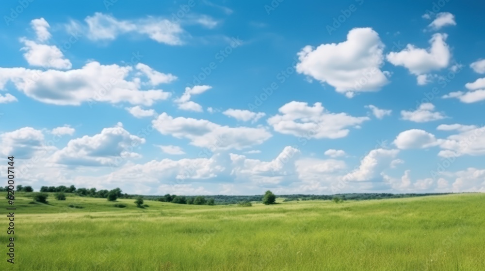 Green field with blue sky and white clouds. Panoramic view, Generative AI Green field with blue sky and white clouds. Panoramic view, Generative AI