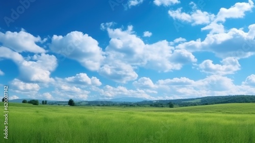 Green field with blue sky and white clouds. Panoramic view, Generative AI © tanatat