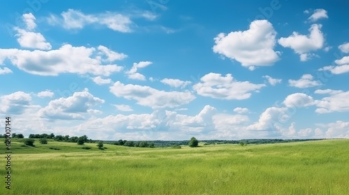 Green field with blue sky and white clouds. Panoramic view, Generative AI