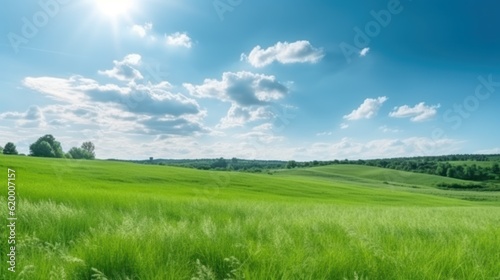 Green field with blue sky and white clouds. Panoramic view, Generative AI