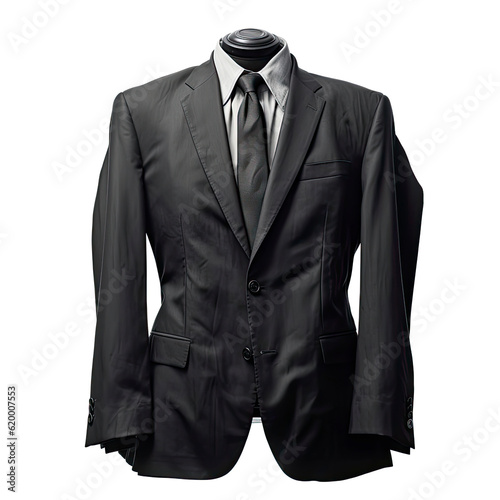 a stylish black suit and tie displayed on a mannequin