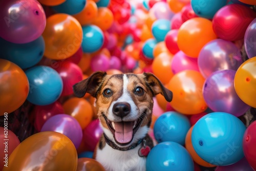 Multi-colored balloons and funny dog, puppy, kitty. Holiday. Birthday. Gift © Marat