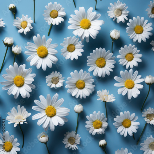 Marvellous Marigolds  Pattern of Daisy-Like Flowers on a Light Blue Background. Generative AI