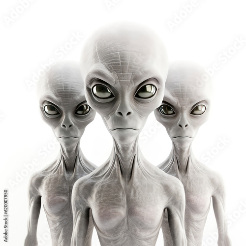 a group of three extraterrestrial creatures with striking green eyes