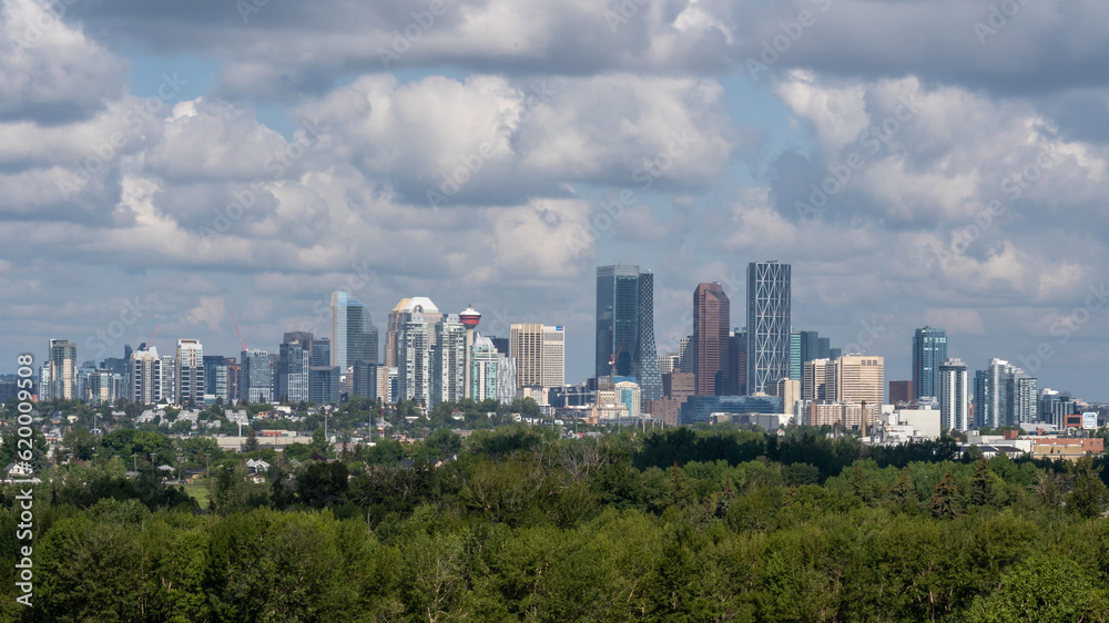 Calgary city  skyline view from a hill. Calgary, Alberta, Canada - July 4, 2023.