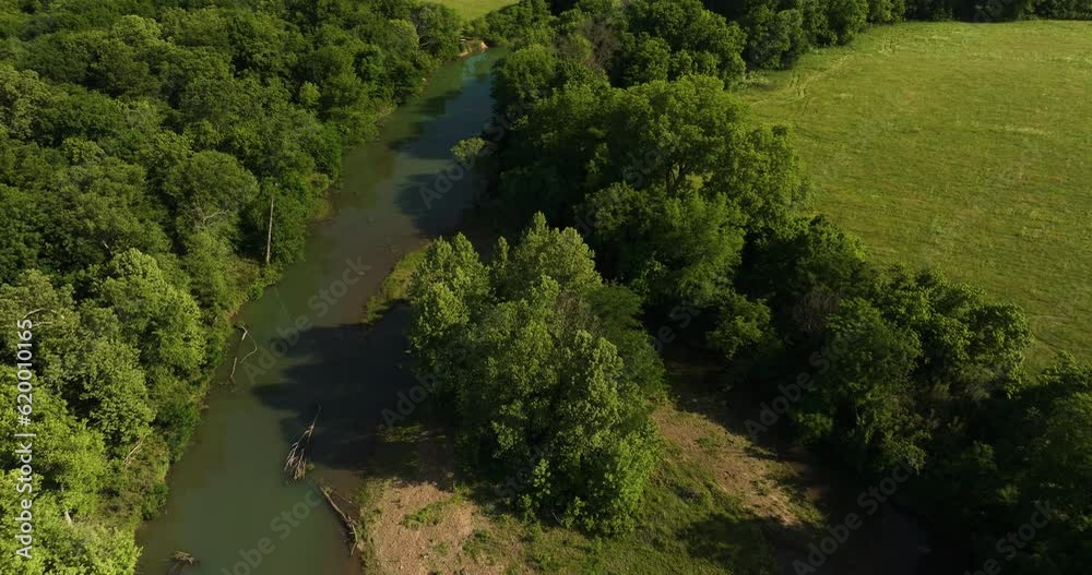 River Surrounded With Lush Vegetation In AR, USA - aerial drone shot River Surrounded With Lush Vegetation In AR, USA - aerial drone shot