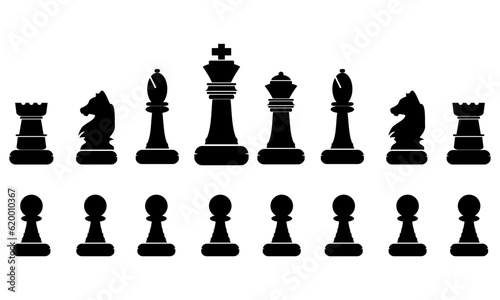 Set of black chess pieces. Chess piece icons. Board game. Vector illustration isolated on white background