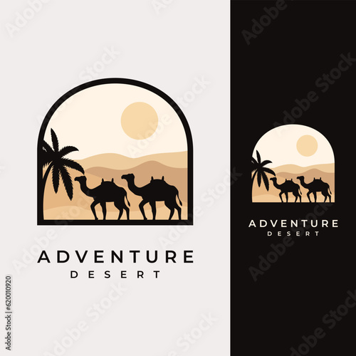 desert cactus camel vector template. sand dunes landscape graphic illustration.