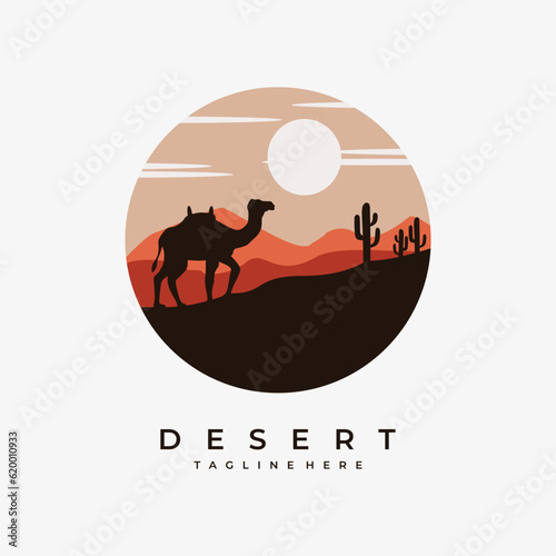 desert cactus camel vector template. sand dunes landscape graphic illustration.