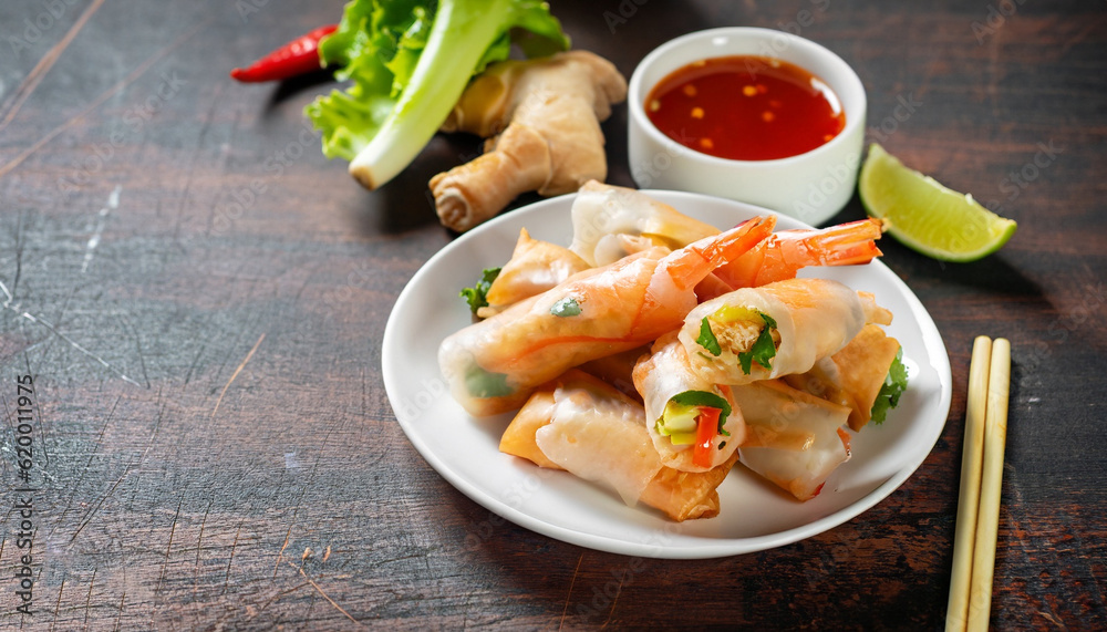 Spring rolls with shrimp with sweet chili sauce. Asian cuisine. Stock