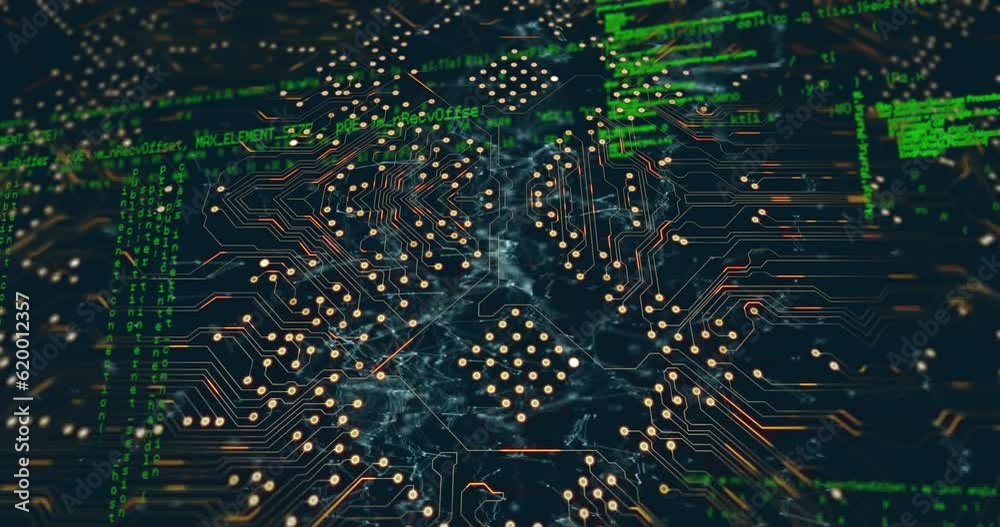 Animation of illuminated circuit board pattern over computer language against black background Animation of illuminated circuit board pattern over computer language against black background