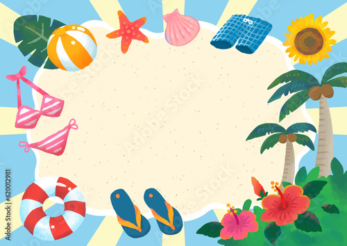 手描きの眩しいくて楽しい夏のフレーム（砂浜）