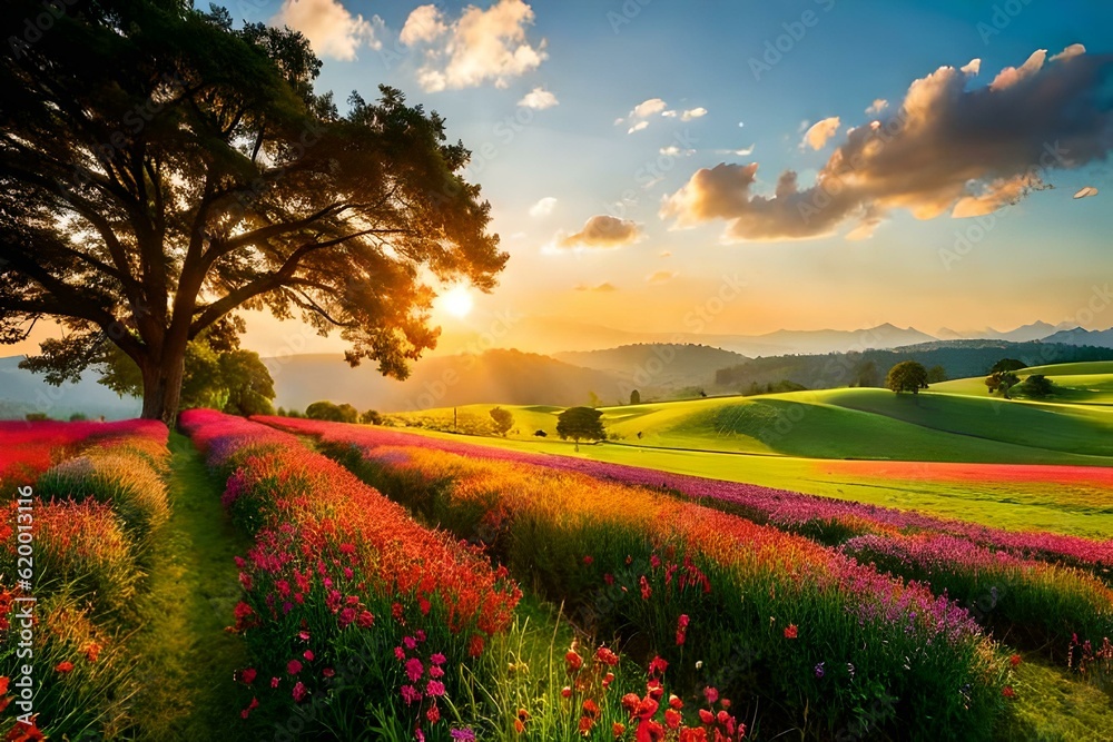 landscape  with sun and beautiful flower generated by AI tool