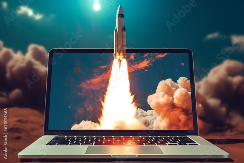 Rocket taking off from laptop screen. Launching Innovation Laptop-Screen Rocket Soaring from Office Desk. Concept of innovation and digital progress