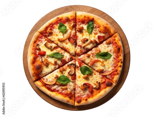Pizza on wooden cutting board isolated on transparent background, top view