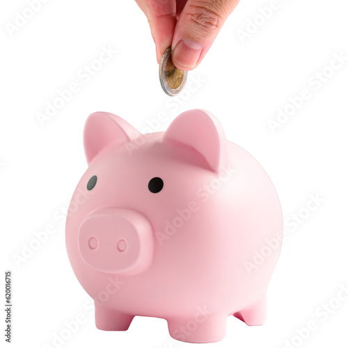 Pink piggy bank with human hand finger dropping coins on isolated white background. Pig box jar object for collecting money savings and business financial banking concept.